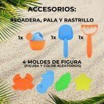 Juego de Arena y Playa, Cubo, Pala, Rastrillo. Regadera, Molde (Modelo A)